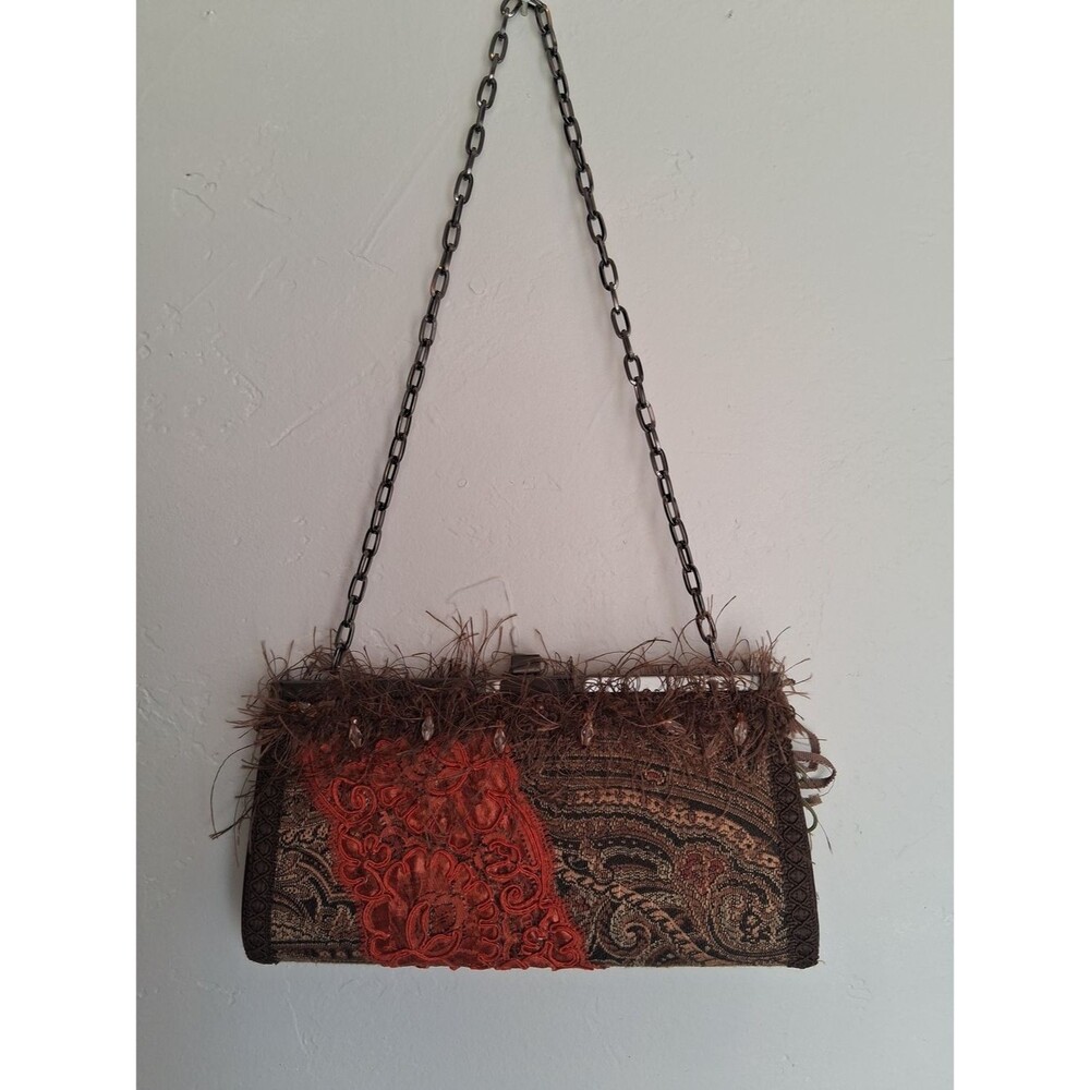 Shelley Wenum Designs Y2K Boho Tapestry Feather Trim Chain Shoulder Bag Purse - Picture 5 of 5